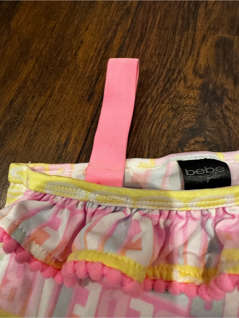 bebe Pastel Pink, Yellow & Blue One-Shoulder Ruffle Kids Swimsuit - Picture 3 of 7
